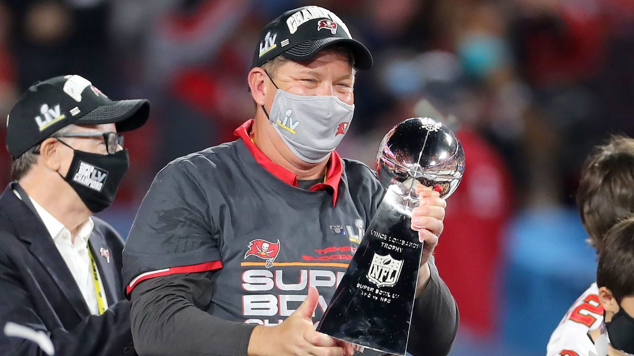TAMPA, FL - FEBRUARY 07: Super Bowl winning General Manager Jason Licht of the Tampa Bay Buccaneers holds the Lombardi Trophy after the Super Bowl LV game between the Kansas City Chiefs and the Tampa Bay Buccaneers on February 7, 2021 at Raymond James Stadium, in Tampa, FL.