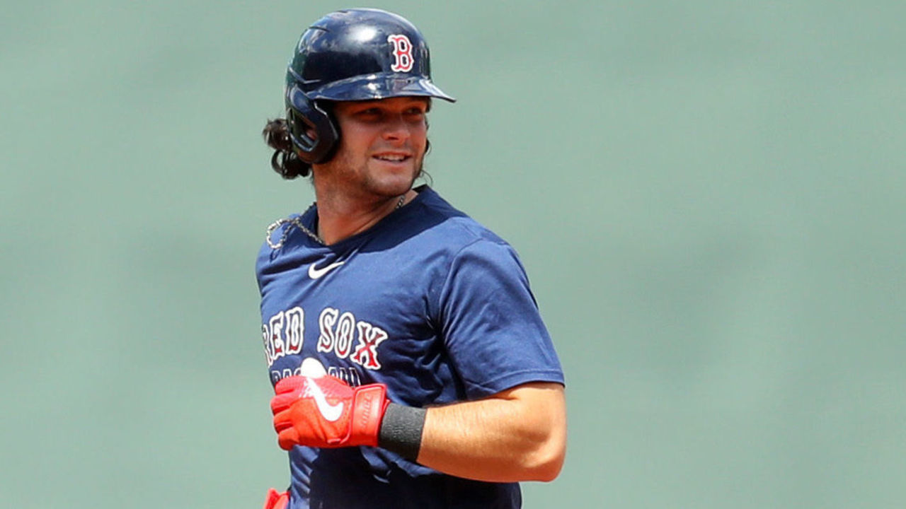 BOSTON, MASSACHUSETTS - JULY 11: Andrew Benintendi #16 of the Boston Red Sox looks on in an intrasquad game during Summer Workouts at Fenway Park on July 11, 2020 in Boston, Massachusetts.