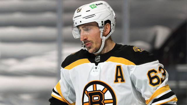 PHILADELPHIA, PA - FEBRUARY 03: Brad Marchand #63 of the Boston Bruins looks on against the Philadelphia Flyers at the Wells Fargo Center on February 3, 2021 in Philadelphia, Pennsylvania.