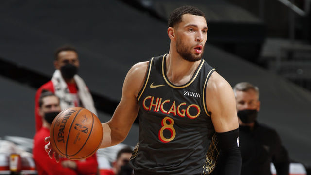 CHICAGO, IL - FEBRUARY 10: Zach LaVine #8 of the Chicago Bulls dribbles the ball during the game against the New Orleans Pelicans on February 10, 2021 at United Center in Chicago, Illinois. Mandatory Copyright Notice: Copyright 2021 NBAE