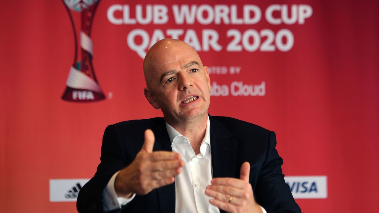 FIFA chief Gianni Infantino gestures during an interview in the Qatari capital Doha on February 11, 2021 ahead of the Club World Cup final.