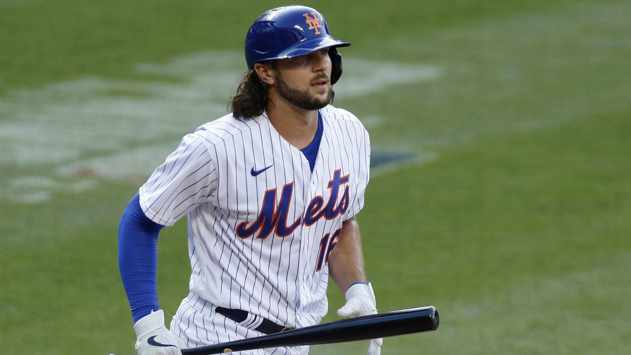 NEW YORK, NEW YORK - JULY 25: Jake Marisnick #16 of the New York Mets in action against the Atlanta Braves at Citi Field on July 25, 2020 in New York City. The 2020 season had been postponed since March due to the COVID-19 pandemic. The Braves defeated the Mets 5-3 in ten innings.