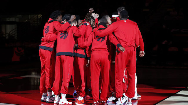 TAMPA, FL - JANUARY 04: The Toronto Raptors huddle up on the court before the game against the Boston Celtics on January 4, 2021 at Amalie Arena in Tampa, Florida. NOTE TO USER: User expressly acknowledges and agrees that, by downloading and/or using this photograph, user is consenting to the terms and conditions of the Getty Images License Agreement. Mandatory Copyright Notice: Copyright 2021 NBAE