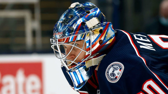 COLUMBUS, OH - JANUARY 23: Elvis Merzlikins #90 of the Columbus Blue Jackets lines up for a face-off during the game against the Tampa Bay Lightning on January 23, 2021 at Nationwide Arena in Columbus, Ohio. Columbus defeated Tampa Bay 5-2.