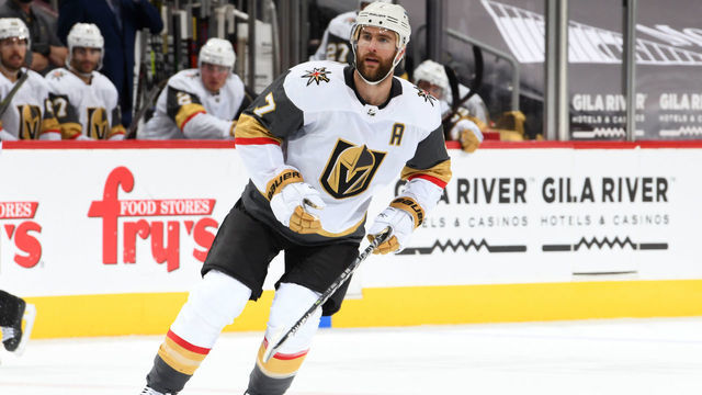 GLENDALE, ARIZONA - JANUARY 22: Alex Pietrangelo #7 of the Vegas Golden Knights skates up ice against the Arizona Coyotes at Gila River Arena on January 22, 2021 in Glendale, Arizona.