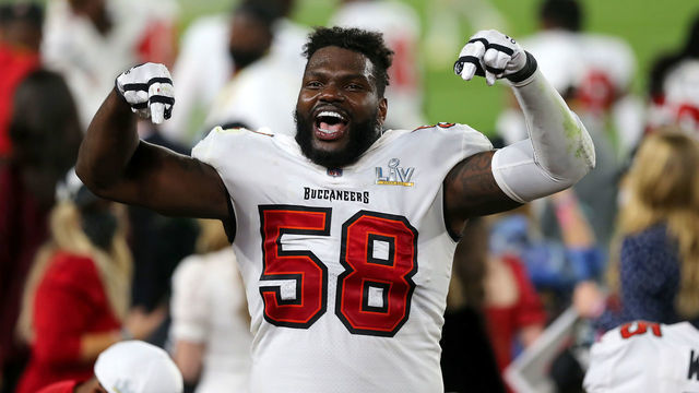 TAMPA, FL - FEBRUARY 07: Shaquil Barrett (58) of the Buccaneers was telling the fans that this was the Buccaneers house during the Super Bowl LV game between the Kansas City Chiefs and the Tampa Bay Buccaneers on February 7, 2021 at Raymond James Stadium, in Tampa, FL.