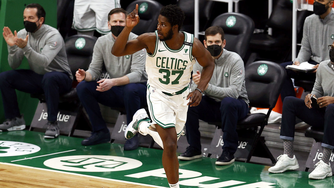 BOSTON, MASSACHUSETTS - FEBRUARY 11: Semi Ojeleye #37 of the Boston Celtics celebrates after scoring against the Toronto Raptors during the second quarter at TD Garden on February 11, 2021 in Boston, Massachusetts.