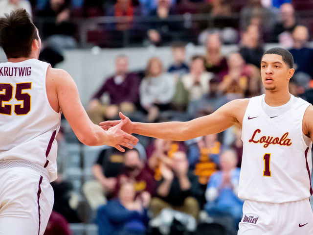 CHICAGO, IL - JANUARY 15: Loyola-Chicago Ramblers guard Lucas Williamson (1) celebrates with Loyola-Chicago Ramblers center Cameron Krutwig (25) during a game between the Valparaiso Crusaders and the Loyola-Chicago Ramblers on January 15, 2019, at the Joseph J. Gentile Arena in Chicago, IL.