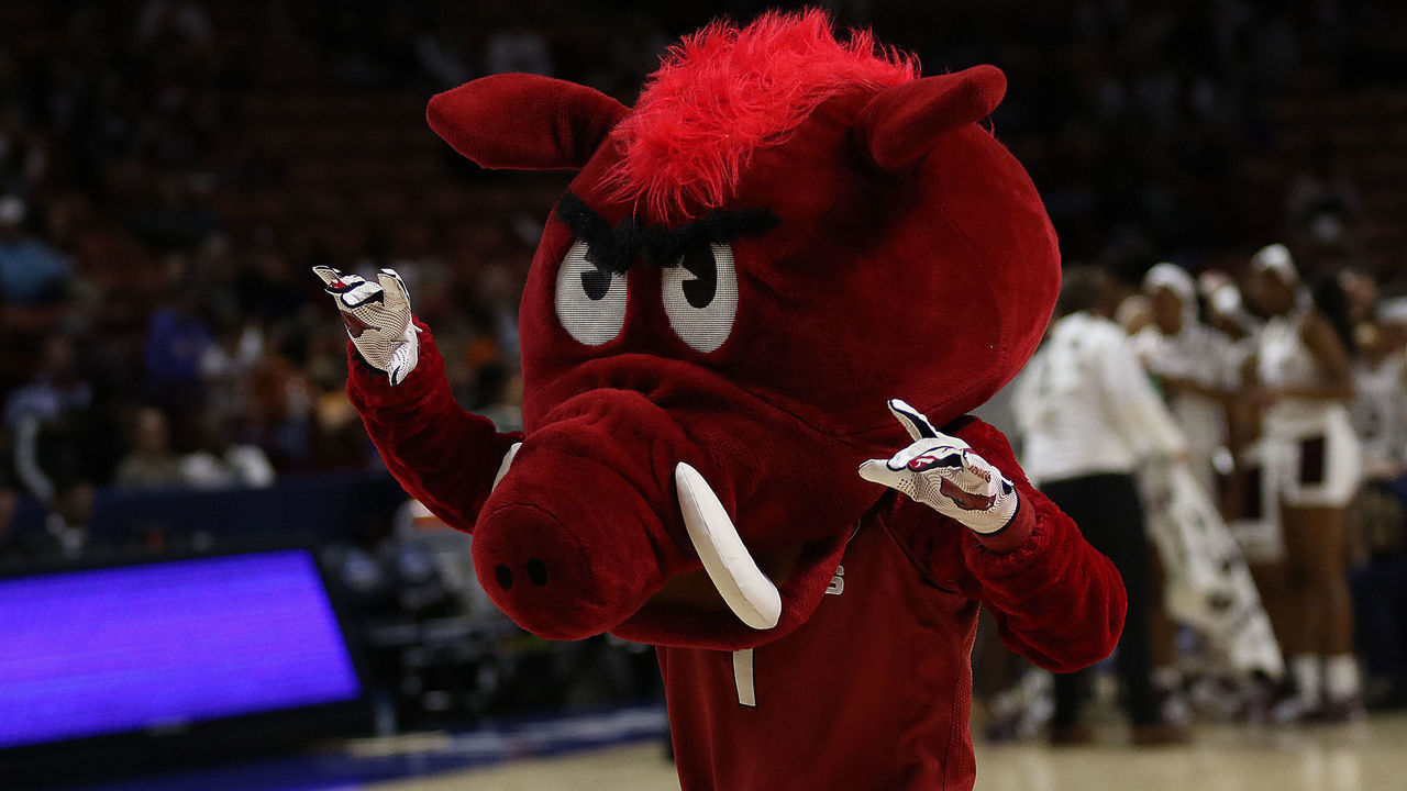 GREENVILLE, SC - MARCH 05: Arkansas mascot performs during the SEC Women's College basketball tournament game between the Arkansas Razorbacks and the Texas A&M Aggies on March 5, 2020, at Bon Secours Wellness Arena in Greenville, S.C.