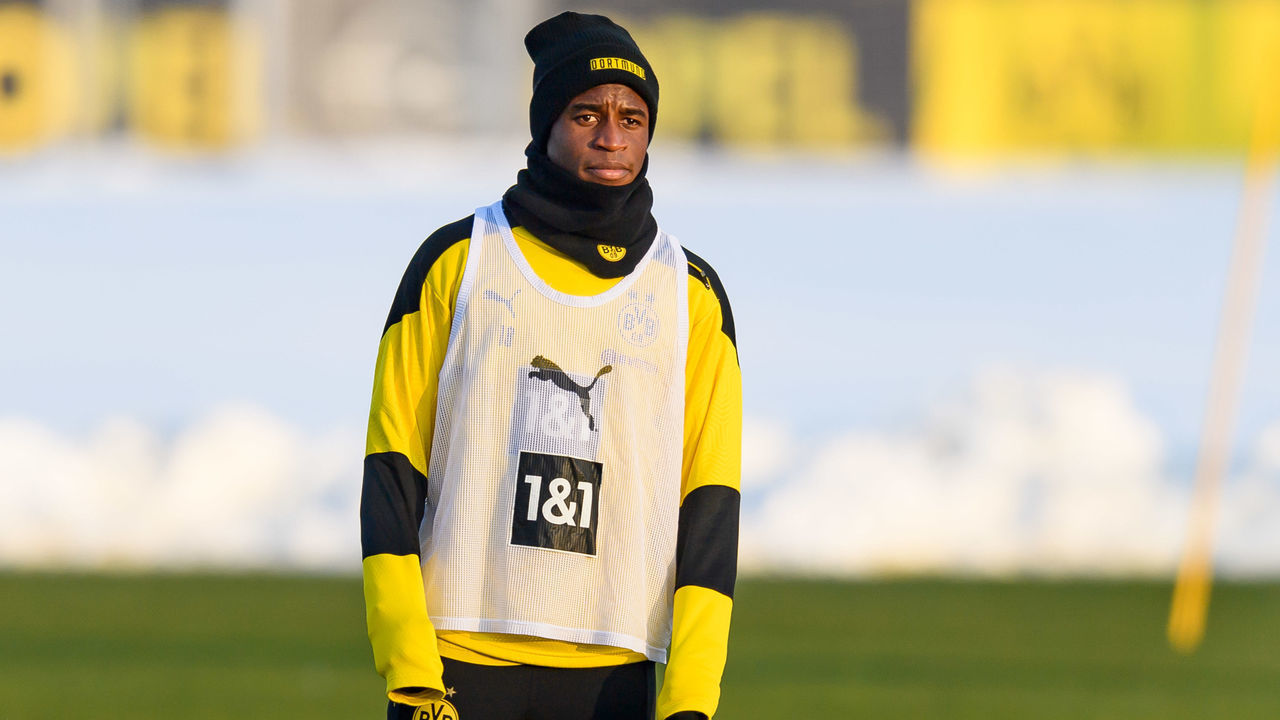 DORTMUND, GERMANY - FEBRUARY 09: (BILD ZEITUNG OUT) Youssoufa Moukoko of Borussia Dortmund looks on during the Borussia Dortmund training session on February 9, 2021 in Dortmund, Germany.