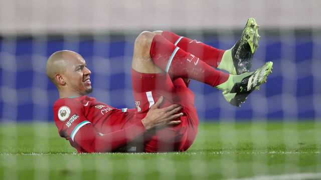 LIVERPOOL, ENGLAND - JANUARY 21: Fabinho of Liverpool reacts during the Premier League match between Liverpool and Burnley at Anfield on January 21, 2021 in Liverpool, England. Sporting stadiums around the UK remain under strict restrictions due to the Coronavirus Pandemic as Government social distancing laws prohibit fans inside venues resulting in games being played behind closed doors.