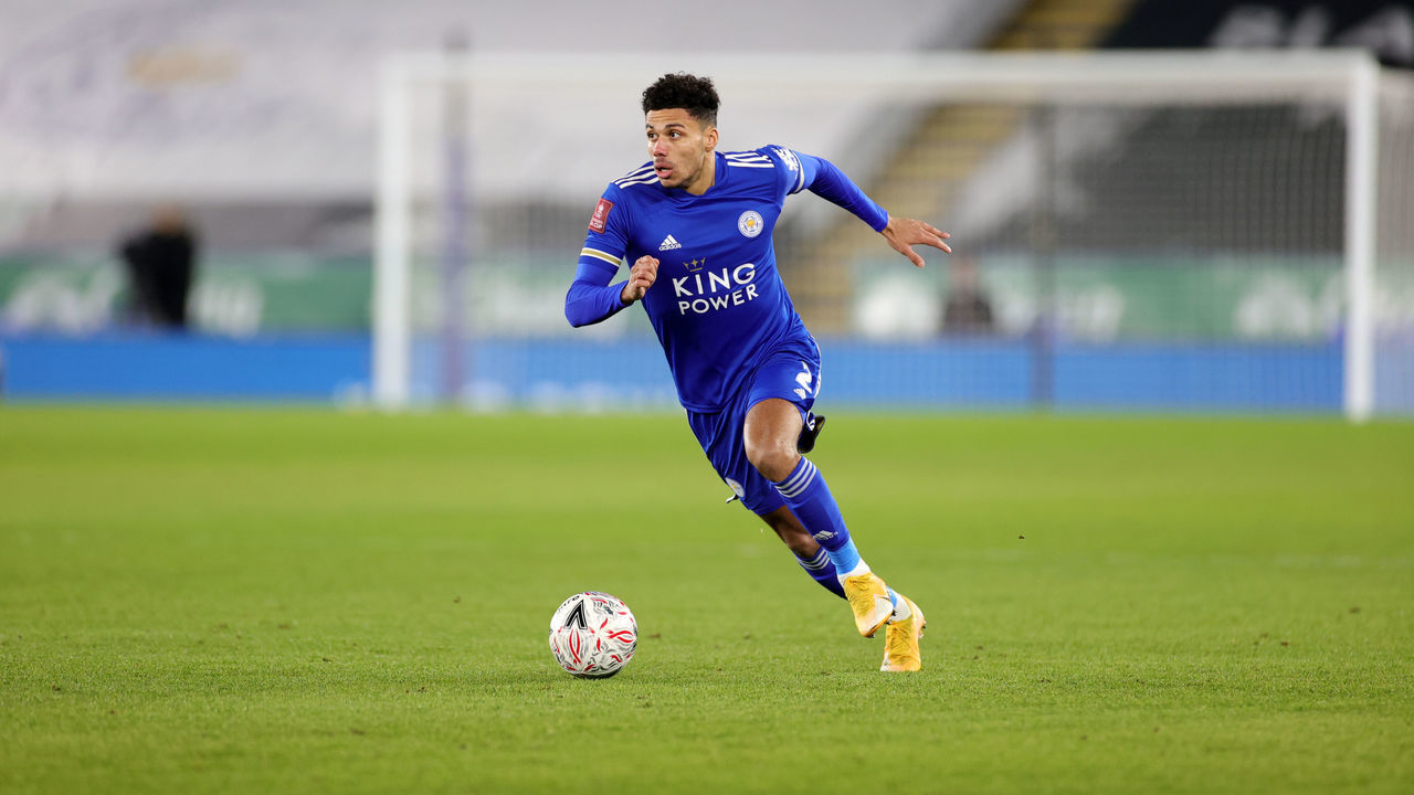 LEICESTER, ENGLAND - FEBRUARY 10: James Justin of Leicester City during The Emirates FA Cup Fifth Round match between Leicester City and Brighton & Hove Albion at The King Power Stadium on February 10, 2021 in Leicester, England. Sporting stadiums around the UK remain under strict restrictions due to the Coronavirus Pandemic as Government social distancing laws prohibit fans inside venues resulting in games being played behind closed doors.