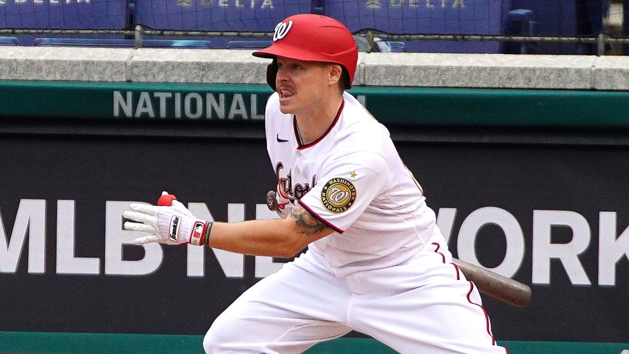 WASHINGTON, DC - SEPTEMBER 26: Washington Nationals Second Base Brock Holt (27) heads to first on a single during a MLB game between the Washington Nationals and the New York Mets on September 26, 2020, at Nationals Park, in Washington DC.