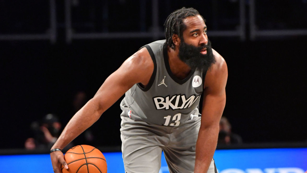 PHILADELPHIA, PA - FEBRUARY 10: James Harden #13 of the Brooklyn Nets handles the ball against the Indiana Pacers on February 10, 2021 at Barclays Center in Brooklyn, New York. NOTE TO USER: User expressly acknowledges and agrees that, by downloading and/or using this Photograph, user is consenting to the terms and conditions of the Getty Images License Agreement. Mandatory Copyright Notice: Copyright 2021 NBAE