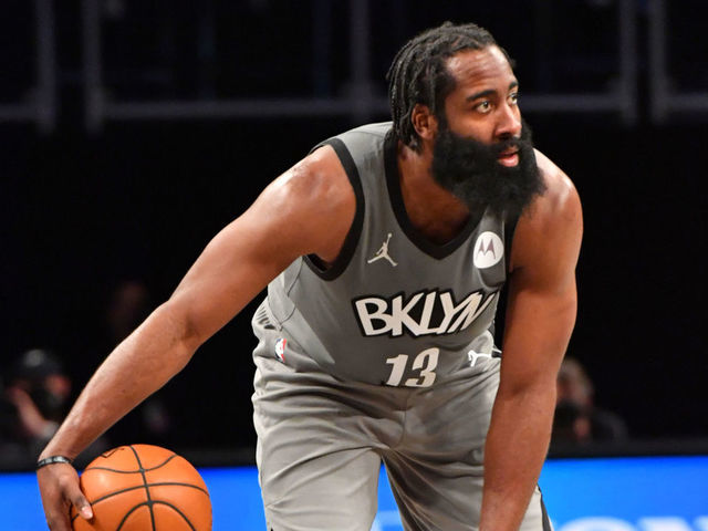 PHILADELPHIA, PA - FEBRUARY 10: James Harden #13 of the Brooklyn Nets handles the ball against the Indiana Pacers on February 10, 2021 at Barclays Center in Brooklyn, New York. NOTE TO USER: User expressly acknowledges and agrees that, by downloading and/or using this Photograph, user is consenting to the terms and conditions of the Getty Images License Agreement. Mandatory Copyright Notice: Copyright 2021 NBAE
