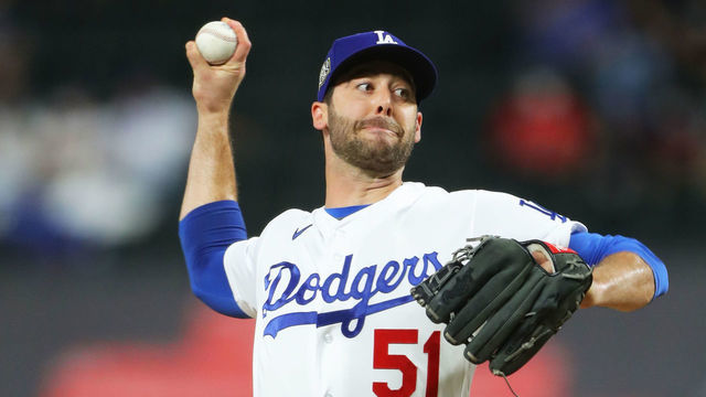 ARLINGTON, TX - OCTOBER 21: Dylan Floro #51 of the Los Angeles Dodgers pitches during Game 2 of the 2020 World Series between the Los Angeles Dodgers and the Tampa Bay Rays at Globe Life Field on Wednesday, October 21, 2020 in Arlington, Texas.