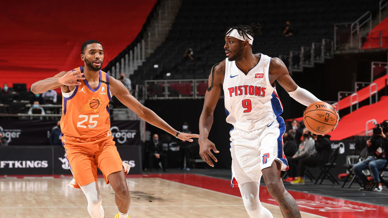 DETROIT, MI - JANUARY 8: Jerami Grant #9 of the Detroit Pistons dribbles the ball during the game against the Phoenix Suns on January 8, 2021 at Little Caesars Arena in Detroit, Michigan. NOTE TO USER: User expressly acknowledges and agrees that, by downloading and/or using this photograph, User is consenting to the terms and conditions of the Getty Images License Agreement. Mandatory Copyright Notice: Copyright 2021 NBAE