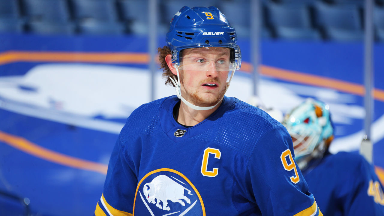 BUFFALO, NY - JANUARY 31: Jack Eichel #9 of the Buffalo Sabres skates during an NHL game against the New Jersey Devils on January 31, 2021 at KeyBank Center in Buffalo, New York. New Jersey won, 5-3.
