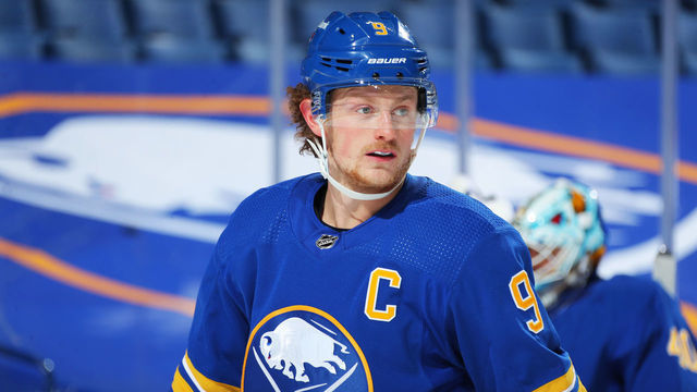 BUFFALO, NY - JANUARY 31: Jack Eichel #9 of the Buffalo Sabres skates during an NHL game against the New Jersey Devils on January 31, 2021 at KeyBank Center in Buffalo, New York. New Jersey won, 5-3.