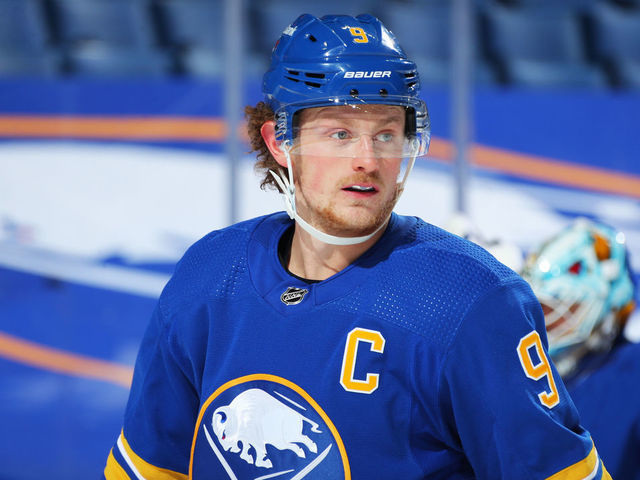BUFFALO, NY - JANUARY 31: Jack Eichel #9 of the Buffalo Sabres skates during an NHL game against the New Jersey Devils on January 31, 2021 at KeyBank Center in Buffalo, New York. New Jersey won, 5-3.