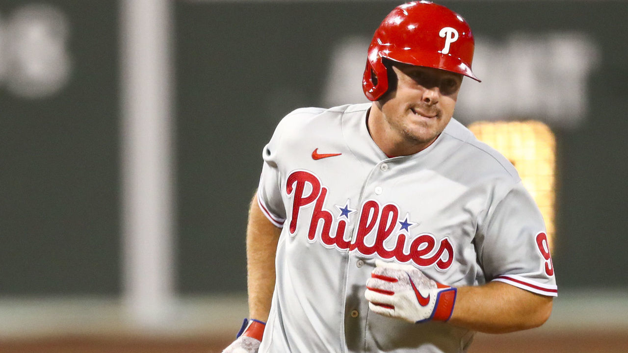 BOSTON, MA - AUGUST 18: Jay Bruce #9 of the Philadelphia Phillies rounds the bases after hitting a three-run home run in the eighth inning of a game against the Boston Red Sox at Fenway Park on August 18, 2020 in Boston, Massachusetts.