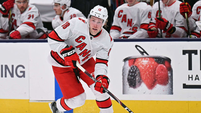 COLUMBUS, OH - FEBRUARY 8: Ryan Dzingel #18 of the Carolina Hurricanes skates against the Columbus Blue Jackets on February 8, 2021 at Nationwide Arena in Columbus, Ohio.