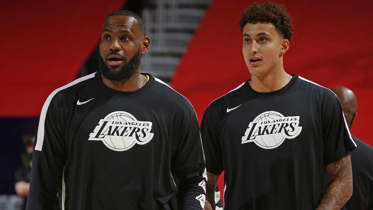 DETROIT, MI - JANUARY 28: LeBron James #23 and Kyle Kuzma #0 of the Los Angeles Lakers warms up before the game against the Detroit Pistons on January 28, 2021 at Little Caesars Arena in Detroit, Michigan. NOTE TO USER: User expressly acknowledges and agrees that, by downloading and/or using this photograph, User is consenting to the terms and conditions of the Getty Images License Agreement. Mandatory Copyright Notice: Copyright 2021 NBAE