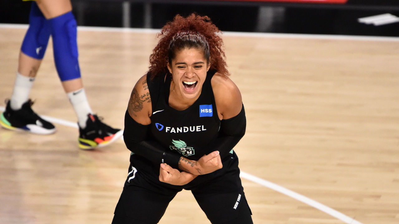 PALMETTO, FL - SEPTEMBER 13: Amanda Zahui B. #17 of the New York Liberty celebrates during the game against the Dallas Wings on September 13, 2020 at Feld Entertainment Center in Palmetto, Florida. NOTE TO USER: User expressly acknowledges and agrees that, by downloading and/or using this Photograph, user is consenting to the terms and conditions of the Getty Images License Agreement. Mandatory Copyright Notice: Copyright 2020 NBAE