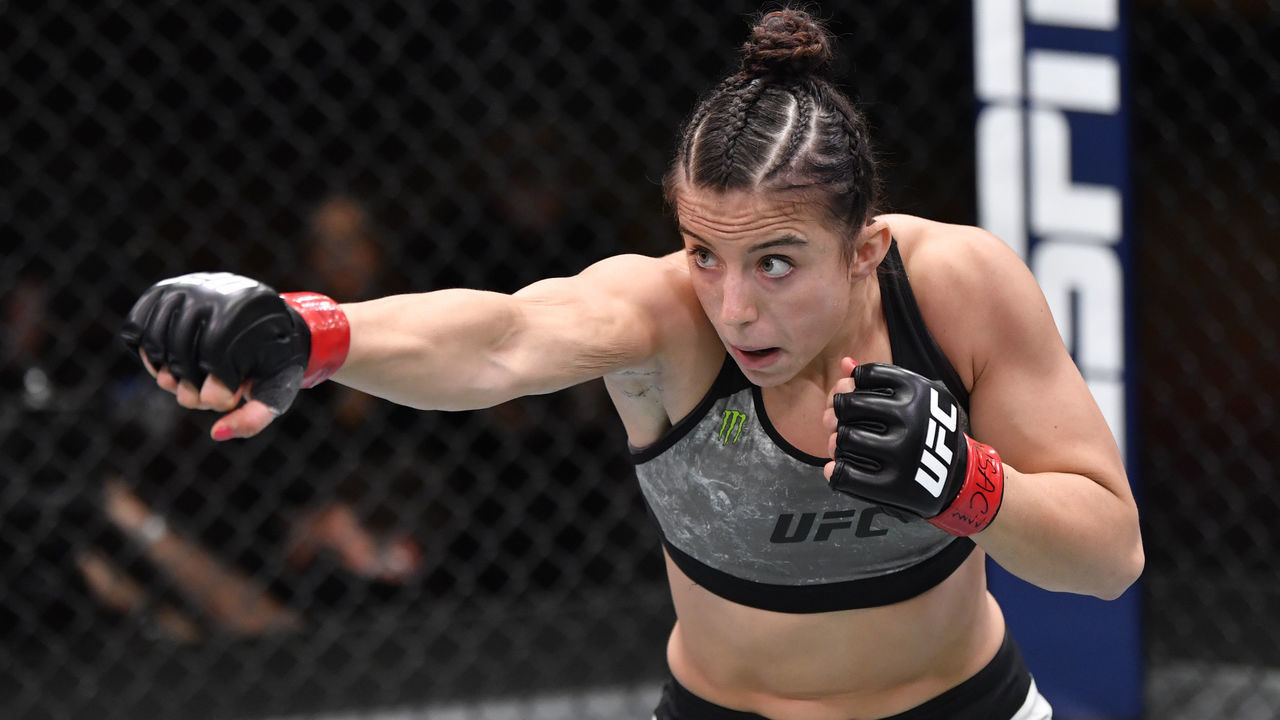 LAS VEGAS, NEVADA - FEBRUARY 13: Maycee Barber battles Alexa Grasso of Mexico in their flyweight fight during the UFC 258 event at UFC APEX on February 13, 2021 in Las Vegas, Nevada.