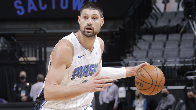 SACRAMENTO, CA - FEBRUARY 12: Nikola Vucevic #9 of the Orlando Magic dribbles the ball during the game against the Sacramento Kings on February 12, 2021 at Golden 1 Center in Sacramento, California. Mandatory Copyright Notice: Copyright 2021 NBAE