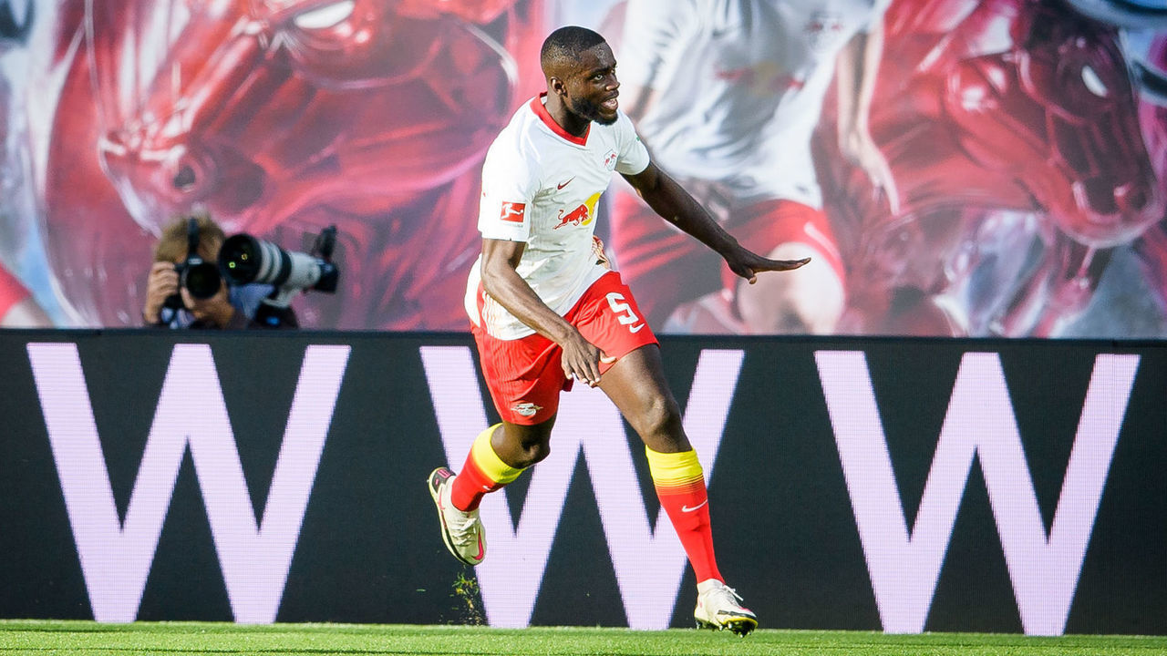 LEIPZIG, GERMANY - OCTOBER 24: Dayot Upamecano of RB Leipzig celebrates after scoring the 1:1 during the Bundesliga match between RB Leipzig and Hertha BSC at Red Bull Arena on October 24, 2020 in Leipzig, Germany.