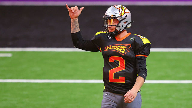 DULUTH, GEORGIA - FEBRUARY 13: Johnny Manziel #2 of the Zappers celebrates against the Beasts at Infinite Energy Arena on February 13, 2021 in Duluth, Georgia.