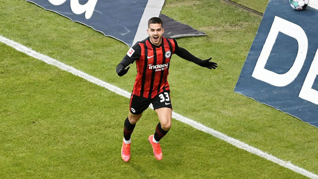 FRANKFURT AM MAIN, GERMANY - FEBRUARY 14: (BILD ZEITUNG OUT) Andre Silva of Eintracht Frankfurt celebrates after scoring his teams first goal during the Bundesliga match between Eintracht Frankfurt and 1. FC Koeln at Deutsche Bank Park on February 14, 2021 in Frankfurt am Main, Germany.