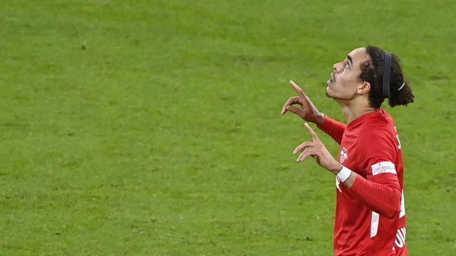 Leipzig's Danish forward Yussuf Poulsen celebrates the 3-0 during the German Cup (DFB Pokal) last 16 football match between RB Leipzig and VfL Bochum in Leipzig, eastern Germany, on January 3, 2021.