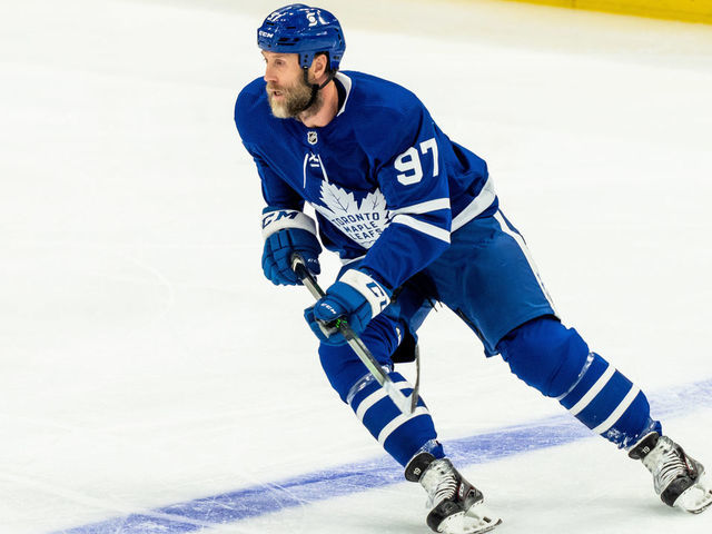 TORONTO, ON - JANUARY 18: Toronto Maple Leafs center Joe Thornton #97 skates against the Winnipeg Jets during the first period at the Scotiabank Arena on January 18, 2021 in Toronto, Ontario, Canada.