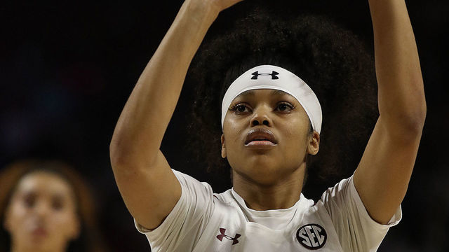 GREENVILLE, SC - MARCH 08: Destanni Henderson (3) of South Carolina during the SEC Championship Women's college basketball game between the Mississippi State Bulldogs and the South Carolina Gamecocks on March 8, 2020, at Bon Secours Wellness Arena in Greenville, S.C.