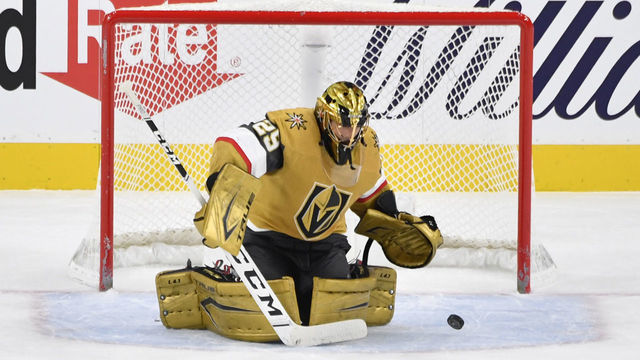 LAS VEGAS, NEVADA - FEBRUARY 14: Marc-Andre Fleury #29 of the Vegas Golden Knights saves a shot during the second period against the Colorado Avalanche at T-Mobile Arena on February 14, 2021 in Las Vegas, Nevada.