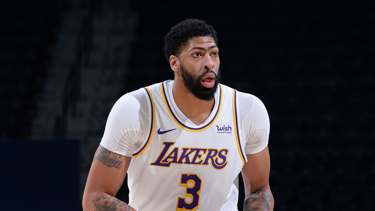 DENVER, CO - FEBRUARY 14: Anthony Davis #3 of the Los Angeles Lakers looks to pass the ball during the game against the Denver Nuggets on February 14, 2021 at the Ball Arena in Denver, Colorado. NOTE TO USER: User expressly acknowledges and agrees that, by downloading and/or using this Photograph, user is consenting to the terms and conditions of the Getty Images License Agreement. Mandatory Copyright Notice: Copyright 2021 NBAE