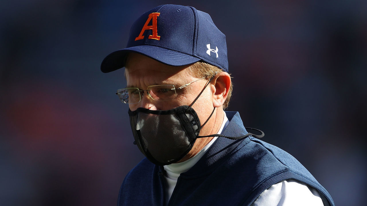AUBURN, ALABAMA - DECEMBER 05: Head coach Gus Malzahn of the Auburn Tigers walks the field during pregeame warmups prior to facing the Texas A&M Aggies at Jordan-Hare Stadium on December 05, 2020 in Auburn, Alabama.