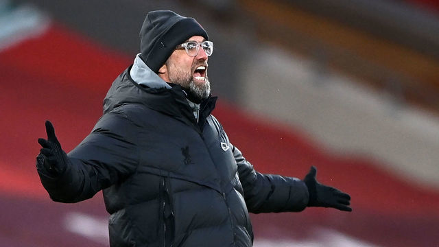 Liverpool's German manager Jurgen Klopp gestures from the sidelines during the English Premier League football match between Liverpool and Manchester City at Anfield in Liverpool, north west England on February 7, 2021.