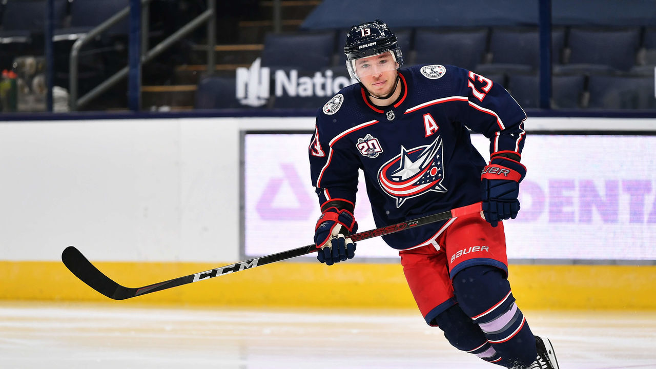 COLUMBUS, OH - FEBRUARY 4: Cam Atkinson #13 of the Columbus Blue Jackets skates against the Dallas Stars on February 4, 2021 at Nationwide Arena in Columbus, Ohio.