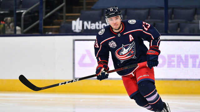 COLUMBUS, OH - FEBRUARY 4: Cam Atkinson #13 of the Columbus Blue Jackets skates against the Dallas Stars on February 4, 2021 at Nationwide Arena in Columbus, Ohio.