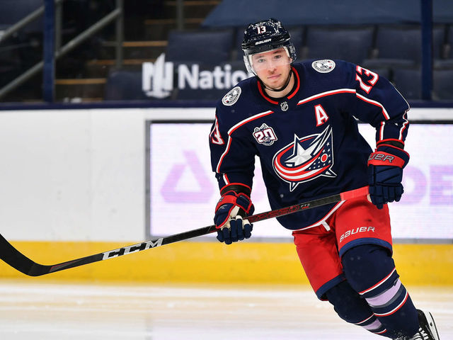 COLUMBUS, OH - FEBRUARY 4: Cam Atkinson #13 of the Columbus Blue Jackets skates against the Dallas Stars on February 4, 2021 at Nationwide Arena in Columbus, Ohio.