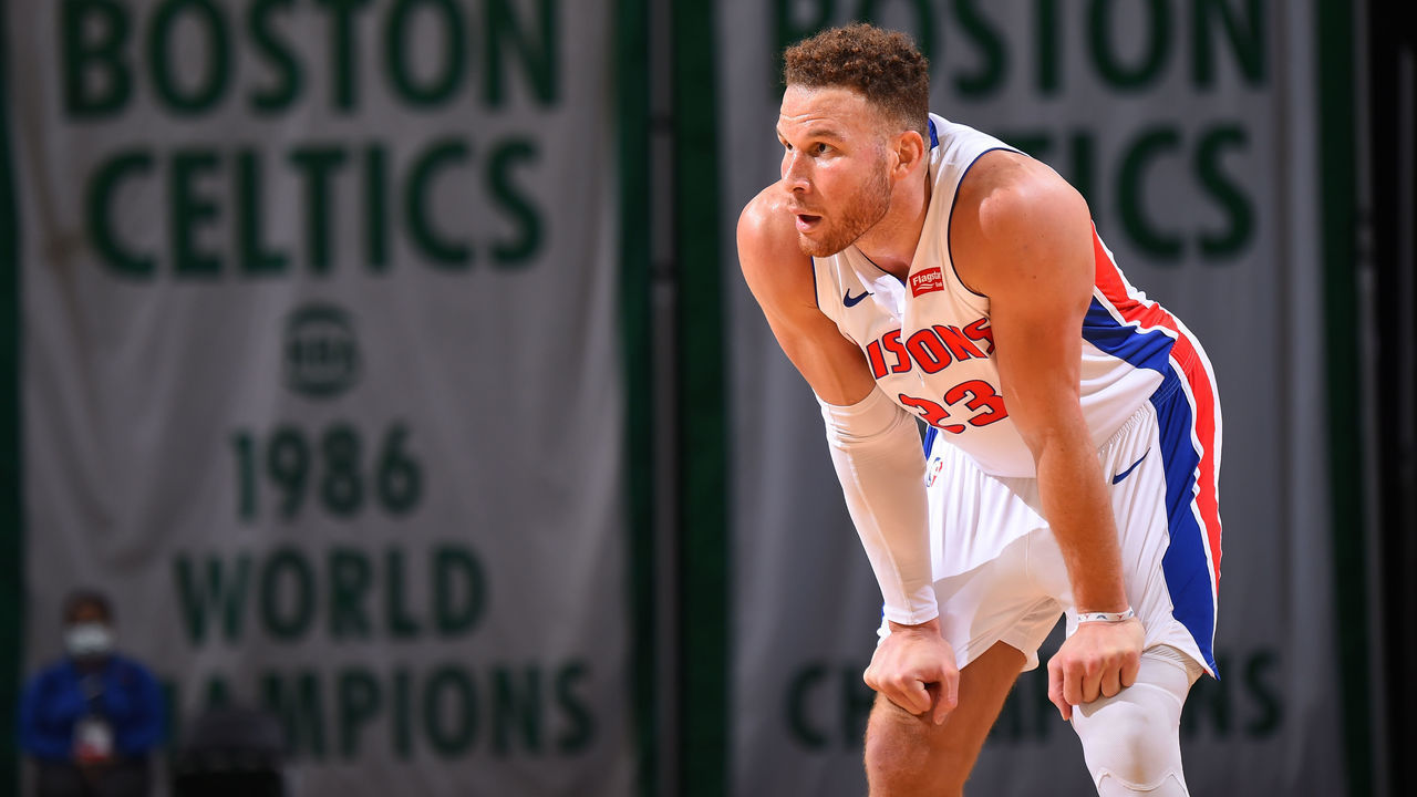 BOSTON, MA - FEBRUARY 12: Blake Griffin #23 of the Detroit Pistons looks on during the game against the Boston Celtics on February 12, 2021 at the TD Garden in Boston, Massachusetts. Mandatory Copyright Notice: Copyright 2021 NBAE