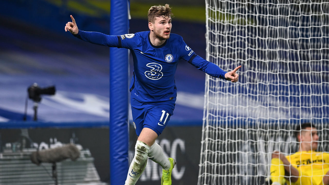 LONDON, ENGLAND - FEBRUARY 15: Timo Werner of Chelsea celebrates after scoring their team's second goal during the Premier League match between Chelsea and Newcastle United at Stamford Bridge on February 15, 2021 in London, England. Sporting stadiums around the UK remain under strict restrictions due to the Coronavirus Pandemic as Government social distancing laws prohibit fans inside venues resulting in games being played behind closed doors.