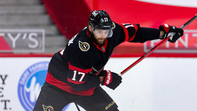 OTTAWA, ON - JANUARY 21: Ottawa Senators Left Wing Alex Galchenyuk (17) takes a shot during warm-up before National Hockey League action between the Winnipeg Jets and Ottawa Senators on January 21, 2021, at Canadian Tire Centre in Ottawa, ON, Canada.