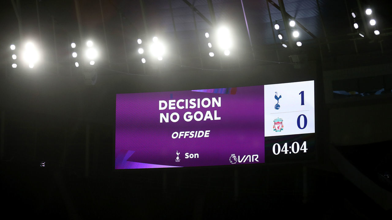 LONDON, ENGLAND - JANUARY 28: The big screen inside the stadium shows the VAR ruling Son Heung-Min of Tottenham Hotspur (not pictured) 1st goal disallowed for offside during the Premier League match between Tottenham Hotspur and Liverpool at Tottenham Hotspur Stadium on January 28, 2021 in London, England. Sporting stadiums around the UK remain under strict restrictions due to the Coronavirus Pandemic as Government social distancing laws prohibit fans inside venues resulting in games being played behind closed doors.