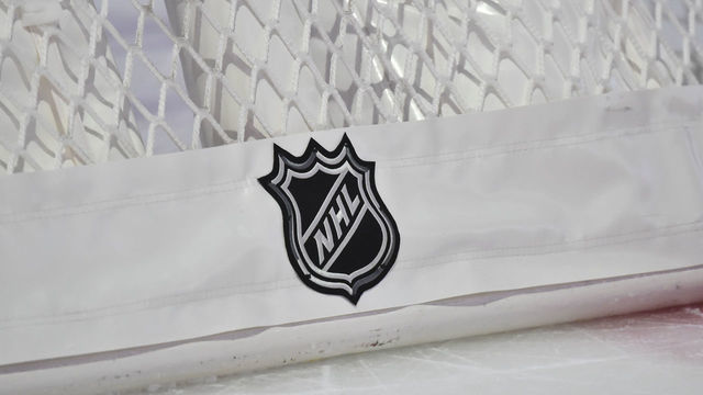 MONTREAL, QC - JANUARY 30: The NHL logo displayed behind a hockey net during intermission between the Montreal Canadiens and the Calgary Flames at the Bell Centre on January 30, 2021 in Montreal, Canada. The Calgary Flames defeated the Montreal Canadiens 2-0.