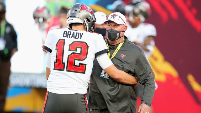 TAMPA, FL - FEBRUARY 07: Tom Brady (12) of the Buccaneers hugs his Head Coach Bruce Arians before the Super Bowl LV game between the Kansas City Chiefs and the Tampa Bay Buccaneers on February 7, 2021 at Raymond James Stadium, in Tampa, FL.