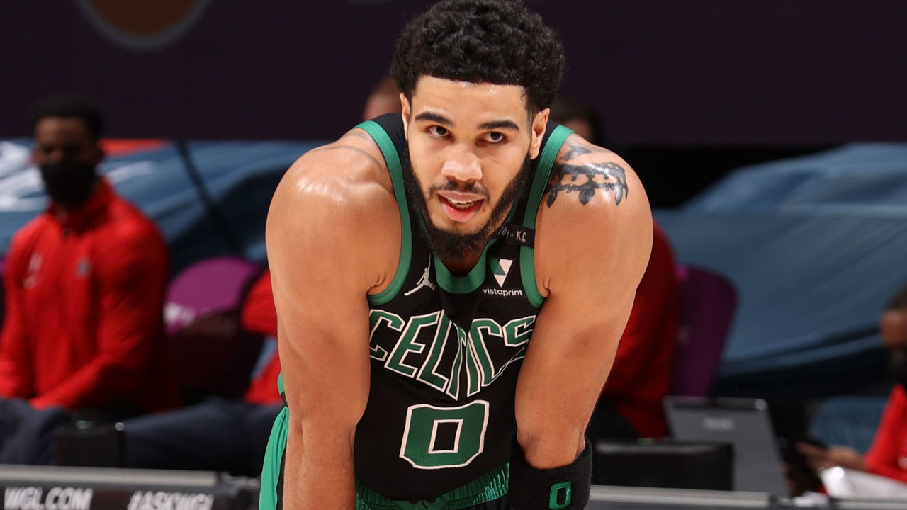 WASHINGTON, DC - FEBRUARY 14: Jayson Tatum #0 of the Boston Celtics looks on during the game against the Washington Wizards on February 14, 2021 at Capital One Arena in Washington, DC. Mandatory Copyright Notice: Copyright 2021 NBAE